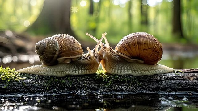 A captivating macro shot features two garden snails meeting head-on atop a moss-covered log, their tentacles delicately touching. Glistening with dew drops, their patterned shells are beautifully illu