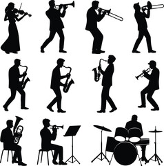 Musician silhouettes set with jazz band and classical performers playing violin trumpet saxophone trombone and drums isolated black vector © Mst