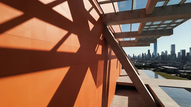 Geometric shadows fall on an orange wall with a city skyline beyond