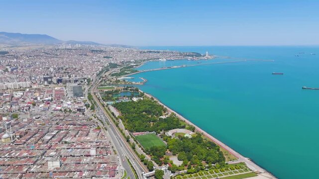 Samsun, Turkey. Panorama of the city and coast from a drone on a summer day. Aerial View
