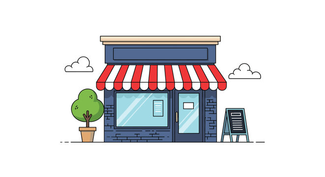 Charming blue storefront with a red and white striped awning a potted tree and a sidewalk sign board on a sunny day.