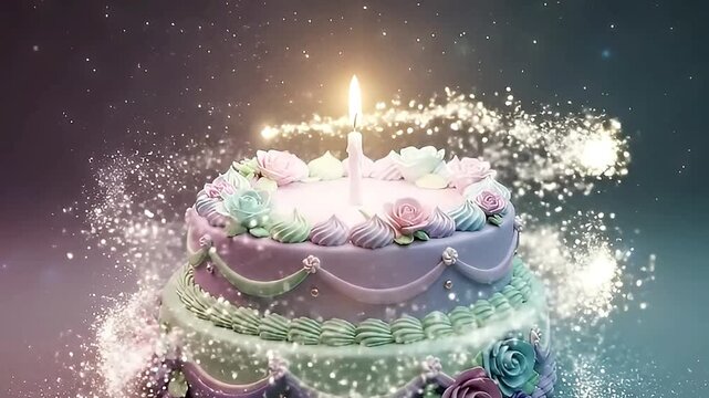 A captivating two-tiered celebration cake, elegantly adorned with pastel frosting roses in charming shades of purple, pink, and mint green. A single candle burns brightly on top, casting a warm, invit