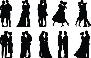 Romantic couples silhouettes vector illustration, affectionate embrace artwork with formal attire, love relationship design for Valentine&rsquo;s Day themes