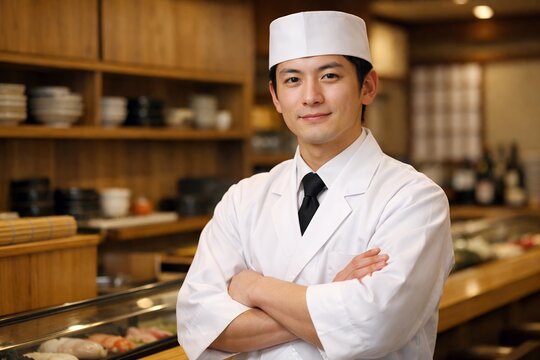 腕組みをして清潔感のある白い調理服を着た笑顔の若板前が立ち並ぶ寿司屋のカウンター内側