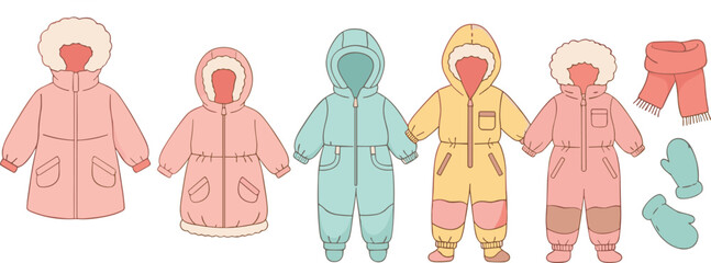 Winter children clothing vector set with warm jackets snowsuits scarf and mittens in cute pastel hand drawn style © MdMojnu