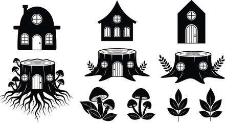 Vector silhouette set of fairy garden elements featuring gnome houses tree stump cottages magic mushrooms and forest leaves for fantasy landscape and storytelling designs © MstMaher