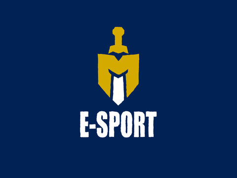 E-sports logo with a shield and sword symbol containing the letter M in it.
