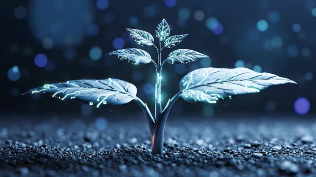 A luminous sapling emerges from dark soil, radiating futuristic energy