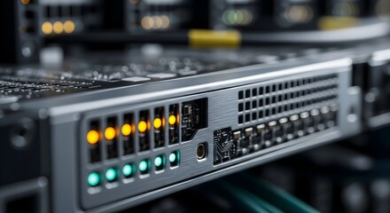 Naklejka premium Close-up of server rack with illuminated ports in a data center.