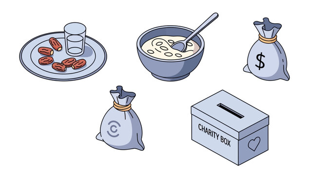 Isometric illustration of charity objects and symbols for donation concepts