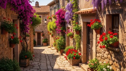 Fototapeta premium Charming cobblestone lane with blooming flowers