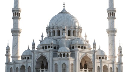 Fototapeta premium Majestic White Marble Mosque Architecture with Multiple Domes, Minarets, and Intricate Details on White Background