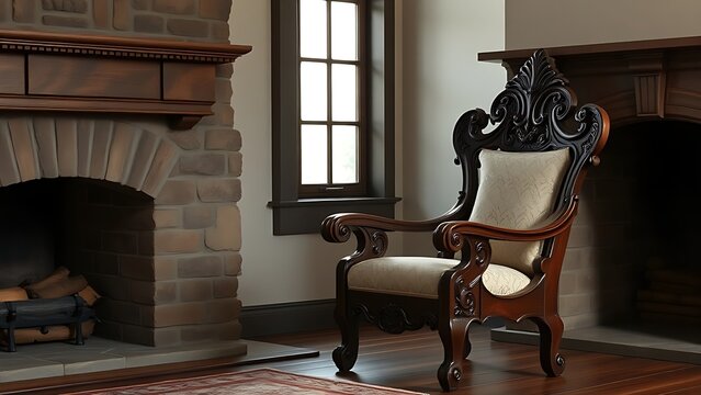 Ornate carved oak armchair beside a stone fireplace with soft window light. real-estate listings, architecture portfolios, designed for architectural facade and classical detail presentations.