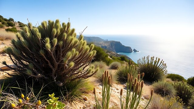 Low thorny shrubs and herbs on sun-drenched limestone terrain along a coastline. gardening catalogs, home-decor guides, designed for gardening and botanical catalogs.