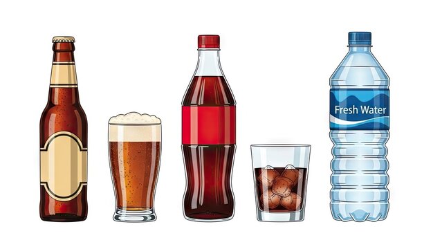 Assortment of beverages illustration bottles and glasses refreshment drinks