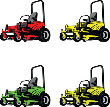 Set of zero turn lawn mower vector illustrations in different colors.