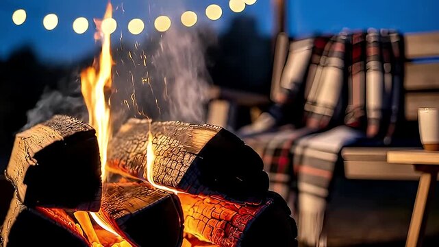 A close-up view of a vibrant campfire burning brightly with glowing embers and flickering flames, creating a warm and inviting atmosphere. Smoke gently rises from the burning logs, illuminating the sc
