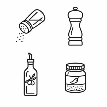 Cooking Ingredients Icons. Cooking ingredients. Line icon set of cooking ingredients: salt shaker, pepper grinder, oil bottle, vinegar bottle, sugar jar, flour