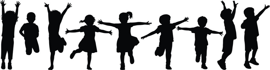 Children Jumping Silhouette Set with Happy Kids Raising Hands and Playing Isolated for Childhood, Fun, and Lifestyle Design