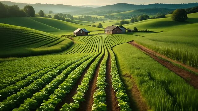 Scenic green vineyard fields on rolling countryside hills in Tuscany Italy under a blue summer sky