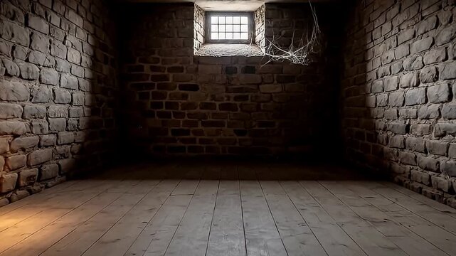 A desolate and eerie interior shot of an old, empty room, dominated by rough, textured stone brick walls and weathered wooden floorboards. A single, small barred window, positioned high on the back wa