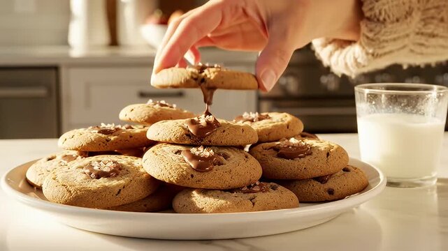 Hand reaching for a stack of delicious chocolate chip cookies with a glass of milk.