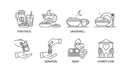 Fototapeta premium Ramadan icons food charity and religious symbols in black and white