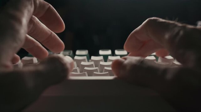 Low-Key Cinematic Shot of Hand Typing on White High-Profile Keyboard with Black Copy Space