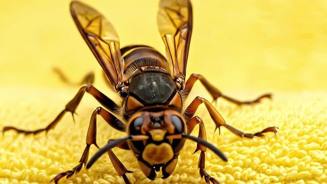 A detailed macro shot captures a large, powerful insect with striking black and yellow-orange patterns, showcasing its intricate anatomy. The creature's segmented body, delicate translucent wings, str