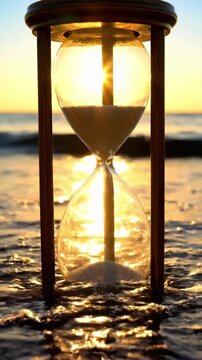 Hourglass placed on sand at sunset near ocean waves with sunlight shining through glass