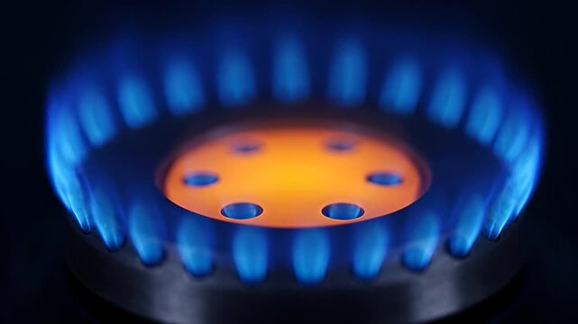 Gas Stove Burner with Blue Flames and Orange Center.