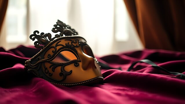 amrit. Ornate Venetian mask resting on dark velvet fabric, soft light highlighting its decorative details. event programs, museum guides, designed for cultural heritage projects and event programs.