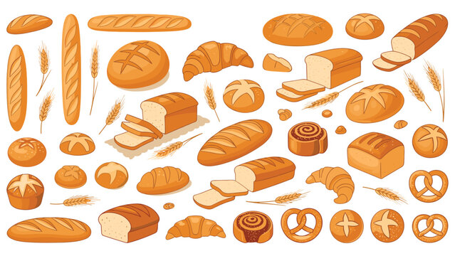 Extensive set of illustrations features a wide variety of breads, rolls, croissants, and baguettes with wheat grain accents.