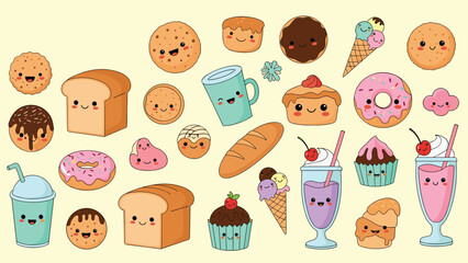 Fototapeta premium Collection of adorable kawaii food and drink characters including bread, cookies, donuts, ice cream, and milkshakes with cute smiling faces.