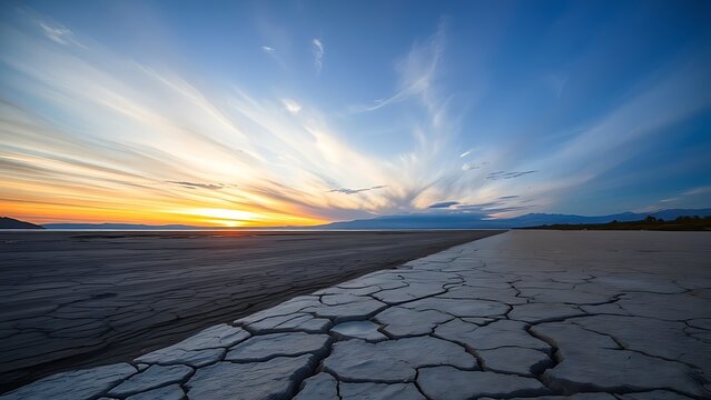 prologue. A receding lake shoreline with exposed cracked dry lakebed under a vast dramatic sunset sky. inspiring travel planning, ESG reports, designed for environmental awareness campaigns.