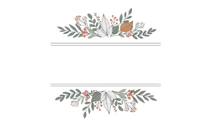 Fototapeta premium Elegant floral frame featuring delicate hand drawn leaves and berries arranged in a symmetrical design for invitations or cards.