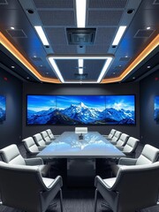 Naklejka premium High-tech meeting room with large screen and comfortable seating, technology, business
