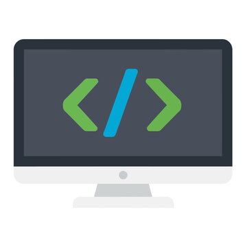Modern computer screen displaying coding symbols on dark background