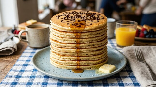 Tall stack of breakfast pancakes with syrup spelling morning chronicles