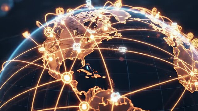 Illuminated global network connections span across continents, showing data flow