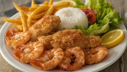 Fototapeta premium A common meal from the Caiçara culinary tradition of southern São Paulo, featuring breaded fish, shrimp, fries, rice, salad, and lemon