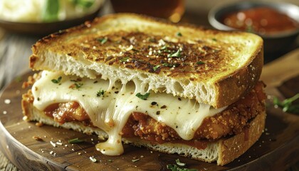 Delicious chicken parmesan sandwich oozing melted mozzarella cheese on grilled bread topped with herbs a tasty and comforting Italian meal