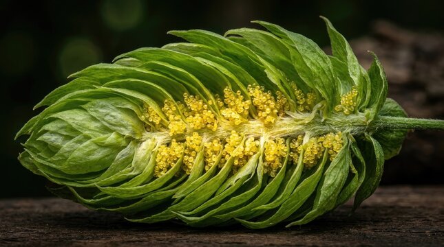 Macro closeup of halved green hop cone revealing yellow lupulin glands