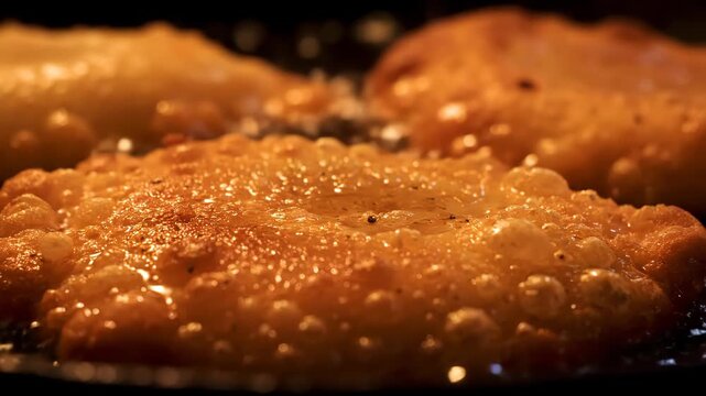 Extreme close-up of golden dough crispy pastry frying in hot boiling oil, creating bubbly texture. deep frying delicious traditional savory or sweet snack.