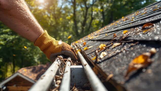 A man in gloves cleans a house gutter of debris while on a ladder during summer