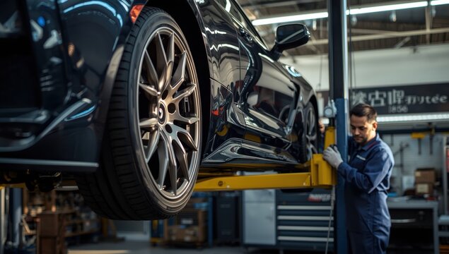 A technician is using a hydraulic lift on a contemporary Japanese vehicle