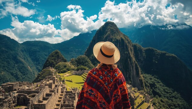 A woman in a hat and Peruvian poncho gazes at Machu Picchu. Cusco, Peru