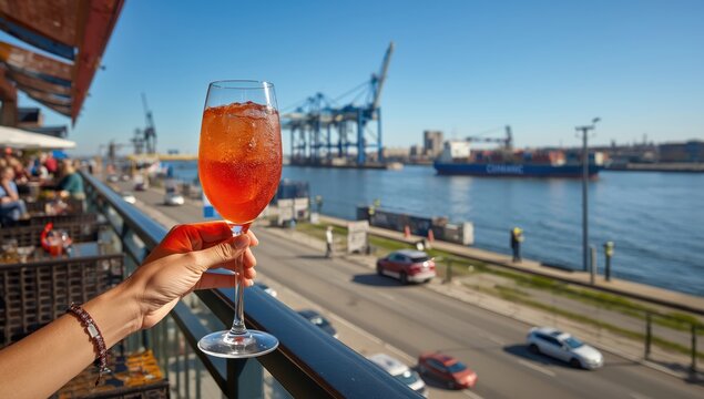A woman holds an Aperol spritz at a caf&eacute; on Elbstrand with Hamburg port cranes and a container ship in view