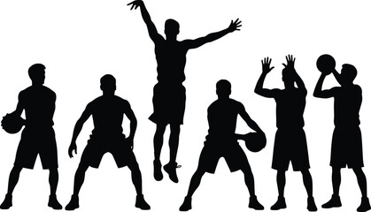 Black Silhouette Collection of Male Basketball Players Featuring Dribbling, Shooting, Jumping, and Defensive Poses for Sports Marketing, Team Spirit, Tournament Posters, and Athletic Graphics © Dhanu