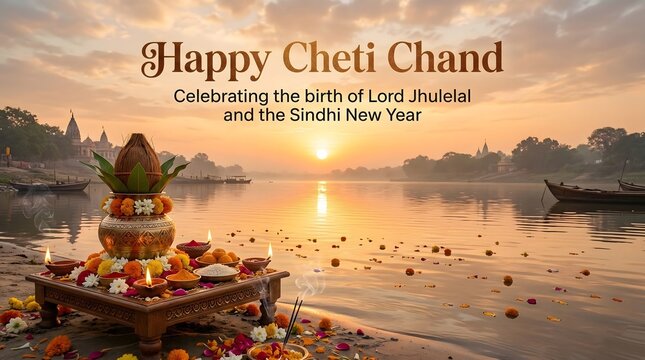 Serene riverbank celebration of Cheti Chand with traditional offerings